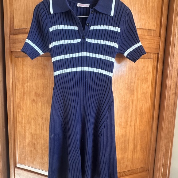Navy Ribbed Knit Polo Dress with White Stripes- Small- NEW - Picture 10 of 12